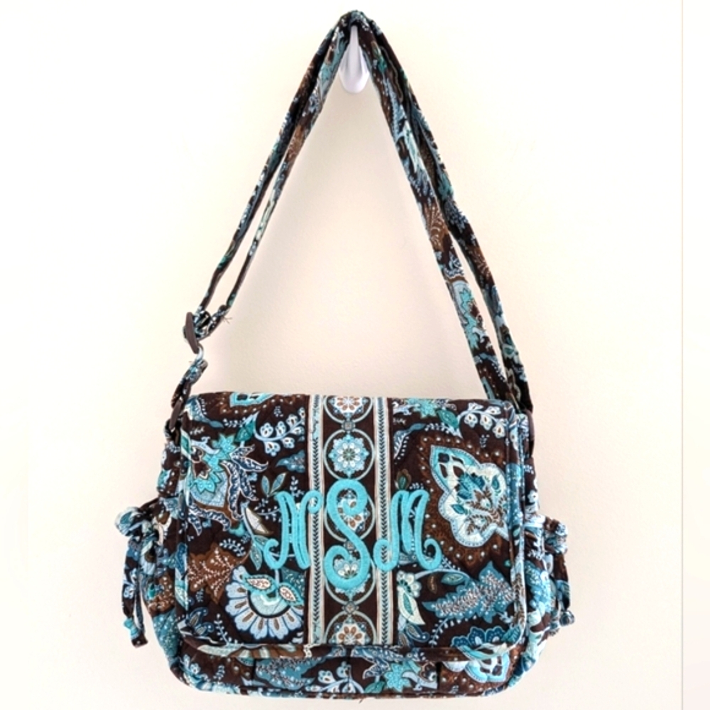 NEW VERA BRADLEY NSM Initials Monogram Handbag Crossbody Purse Java Blue Paisley